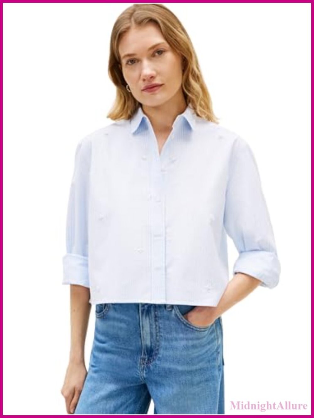 Poplin Cropped Long Sleeve Button Down Shirt Pearl Embellishment